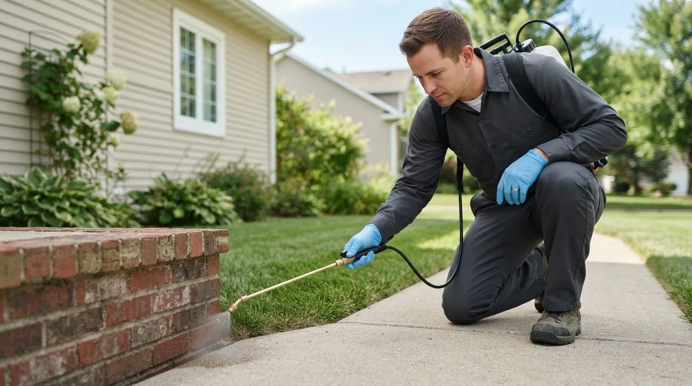 Pest control technician treating a home near South Glens Falls, NY